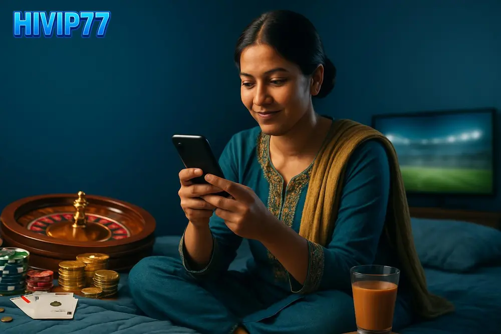 HIVIP77 App Download — a Bangladeshi woman sitting cross-legged on a bed setting up a mobile app with a cup of chai