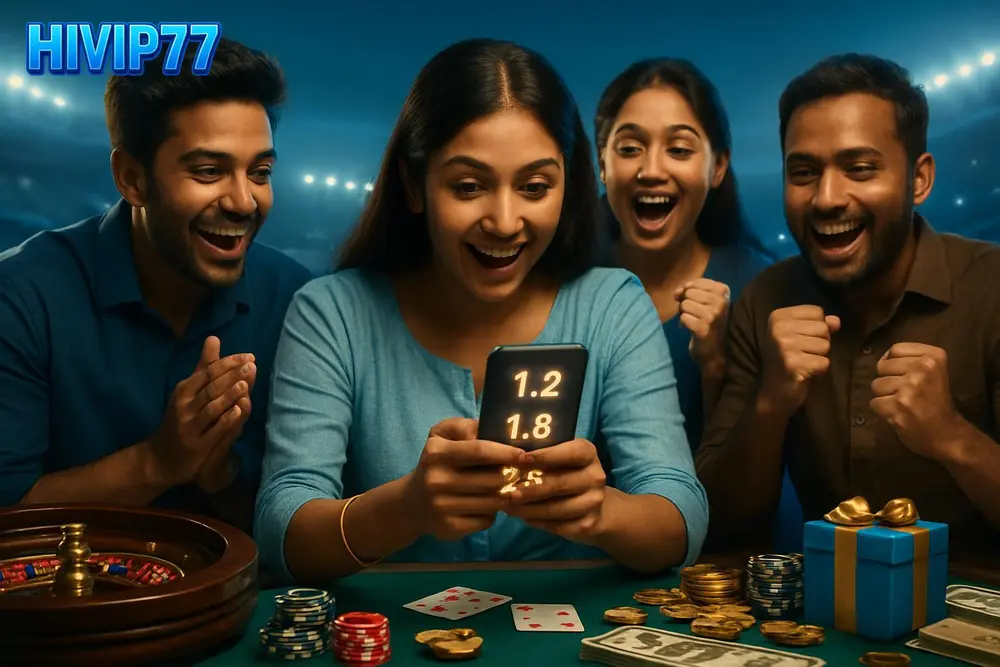HIVIP77 Aviator Game โ a Bangladeshi woman with friends cheering together around a table while watching a mobile HIVIP77 Aviator Game โ a Bangladeshi woman with friends cheering together around a table while watching a mobile