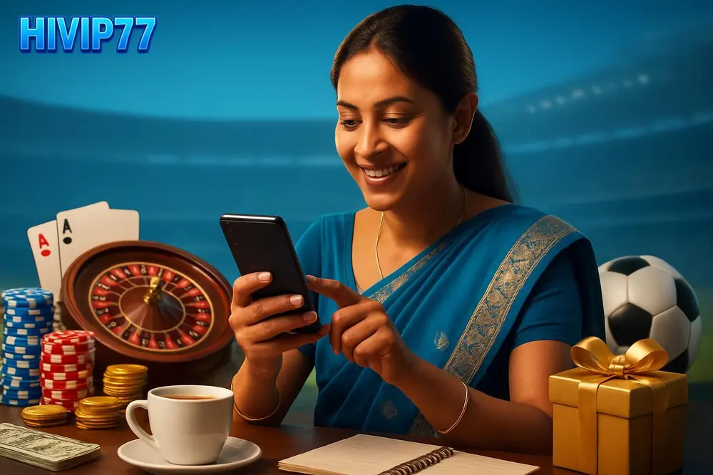 HIVIP77 bKash Deposit — a Bangladeshi woman smiling while completing a mobile payment on her phone with a cup of tea