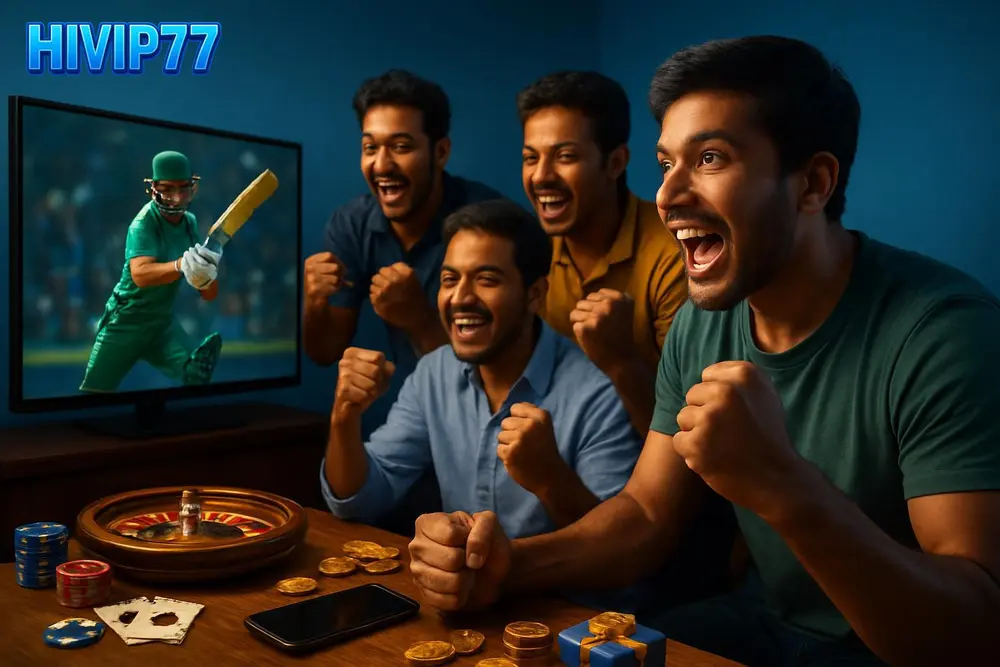 HIVIP77 Cricket Betting โ a group of Bangladeshi men celebrating around a television showing a cricket match with a HIVIP77 Cricket Betting โ a group of Bangladeshi men celebrating around a television showing a cricket match with a
