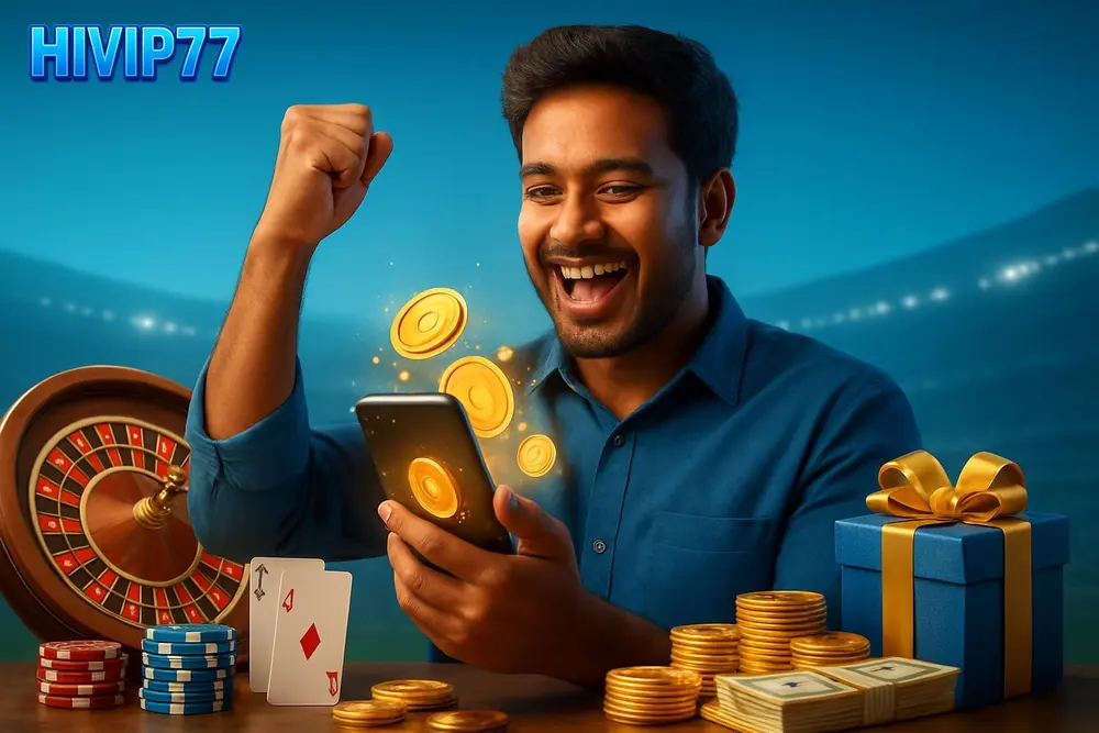 HIVIP77 Signup Bonus โ a young Bangladeshi man raising his fist in celebration while holding a phone with glowing HIVIP77 Signup Bonus โ a young Bangladeshi man raising his fist in celebration while holding a phone with glowing