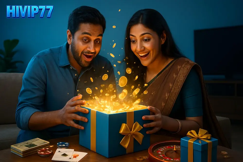 HIVIP77 Signup Bonus โ an excited Bangladeshi couple opening a giant glowing gift box bursting with golden coins and HIVIP77 Signup Bonus โ an excited Bangladeshi couple opening a giant glowing gift box bursting with golden coins and